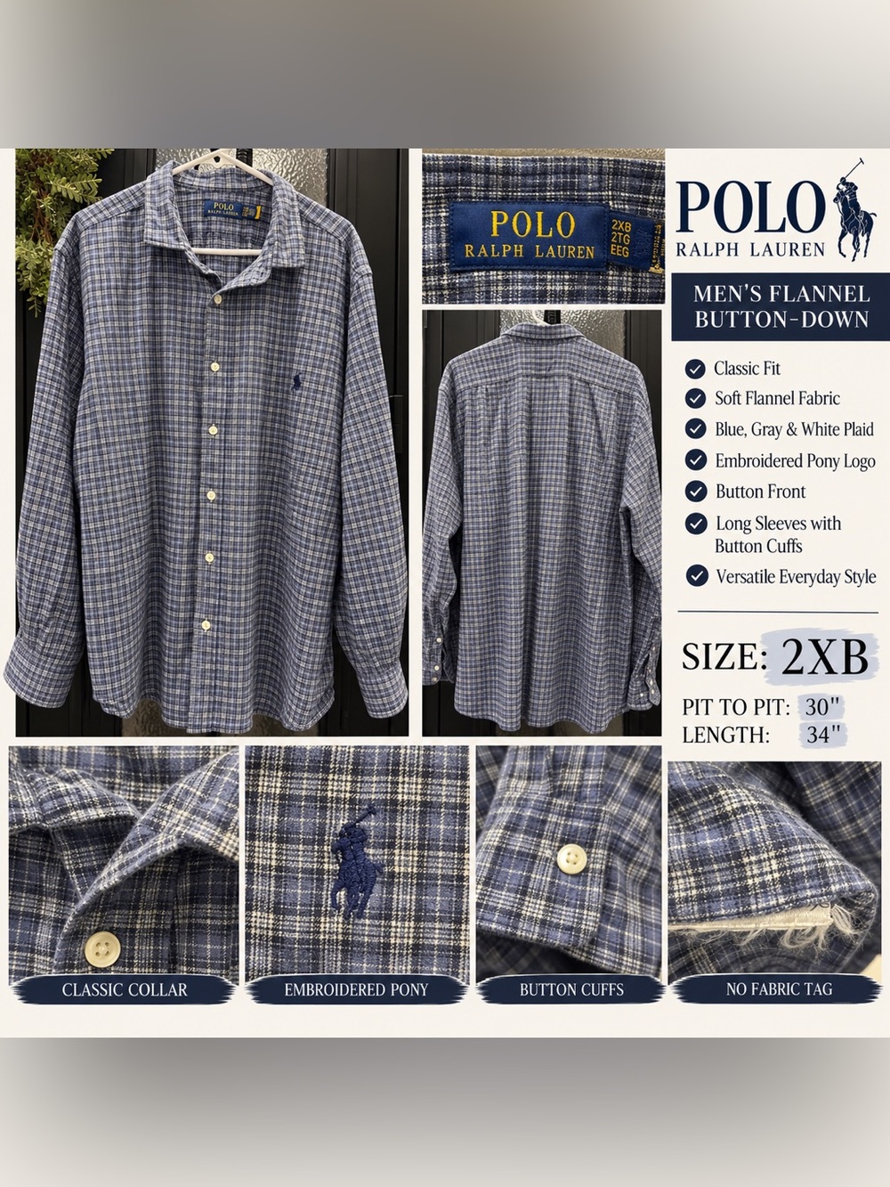 Polo Ralph Lauren Men’s 2XB Blue Gray Plaid Flannel Button Down Shirt Pony Logo